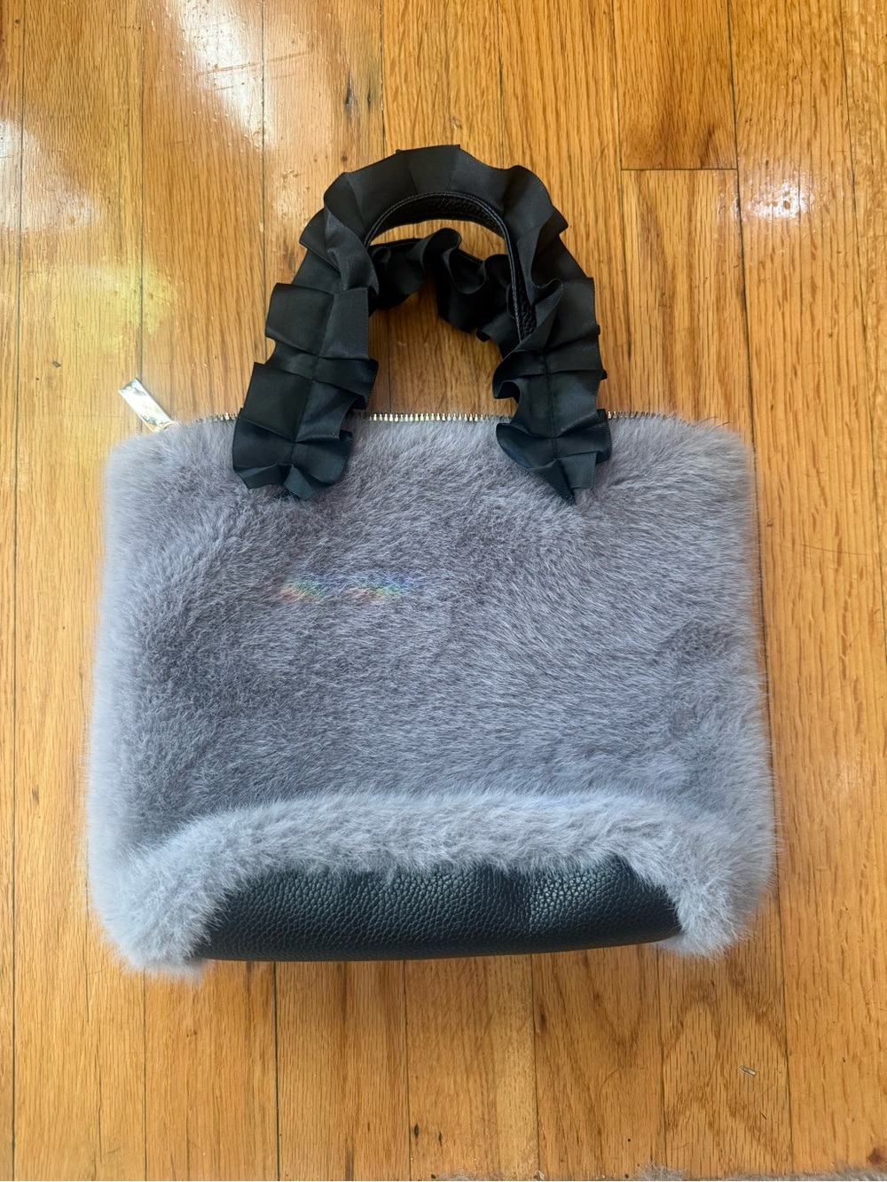 Coco + Carmen Gray Faux Fur Tote with Black Ruffle Handles